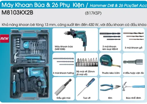 Máy khoan Makita M8103KX2B (kèm 26 phụ kiện)