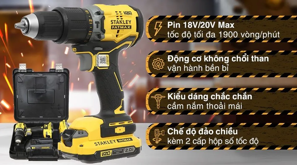 Máy khoan động lực pin Stanley SBD715D2K-B1 20V (2 pin 2 Ah, 1 sạc)