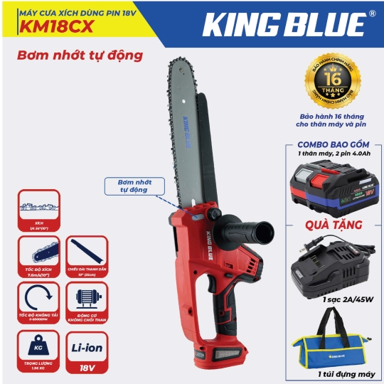Máy Cưa Xích dùng Pin 18V KM18CX (Combo Bao Gồm 1 Thân Máy, 2 Pin 18V - 4.0Ah, Tặng 1 Sạc 2A & 1 Túi Đựng Máy)