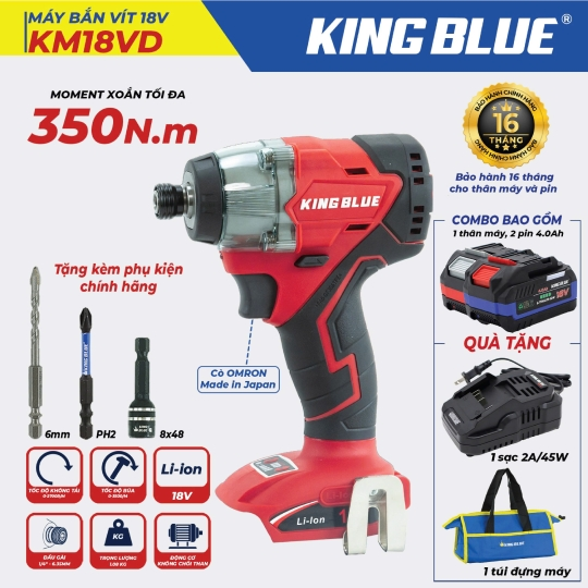 Máy Bắn Vít 18V KM18VD (Combo Bao Gồm 1 Thân Máy, 2 Pin 18V - 4.0Ah, Tặng 1 Sạc 2A & 1 Túi Đựng Máy)